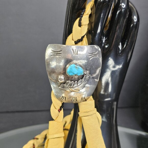 Navajo Turquoise Sterling Silver Bolo Tie With Beaded Leather Native American US - Picture 2 of 15
